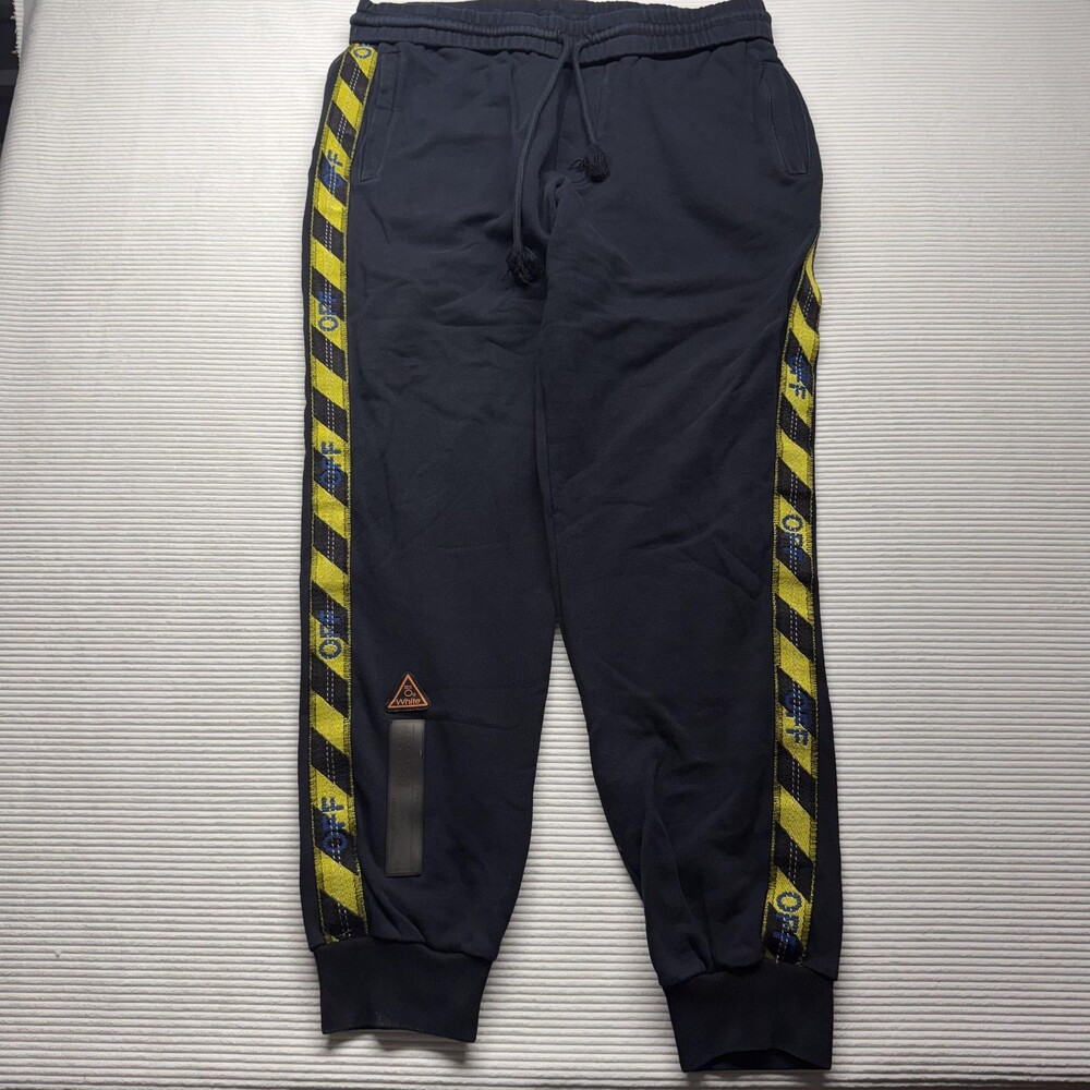 Off-White Pants Mens Large Black Sweatpants Joggers Yellow Tape Side Stripe